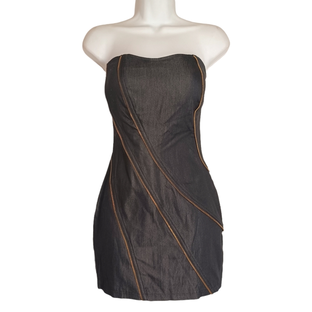 POETRY CLOTHING Dark Faux Denim Strapless Zipper Bodycon Dress Small NWT